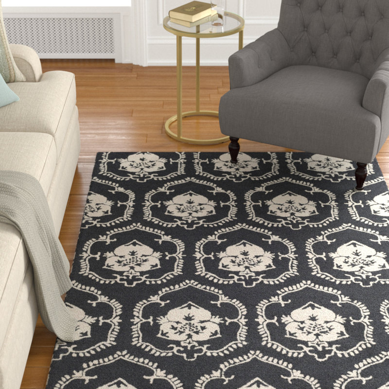Charlton Home® Ebert Damask Handmade Tufted Wool Black/Cream Area Rug